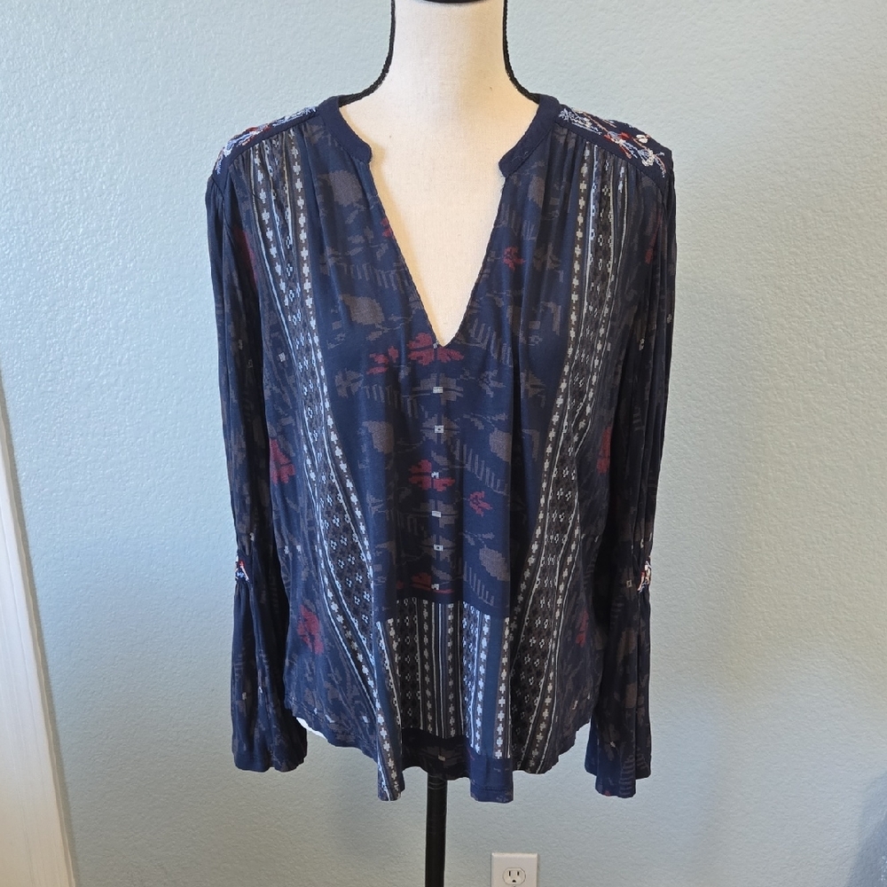 LUCKY BRAND Navy Boho Peasant Embroidered Long Sleeve Vneck Blouse Sz Large